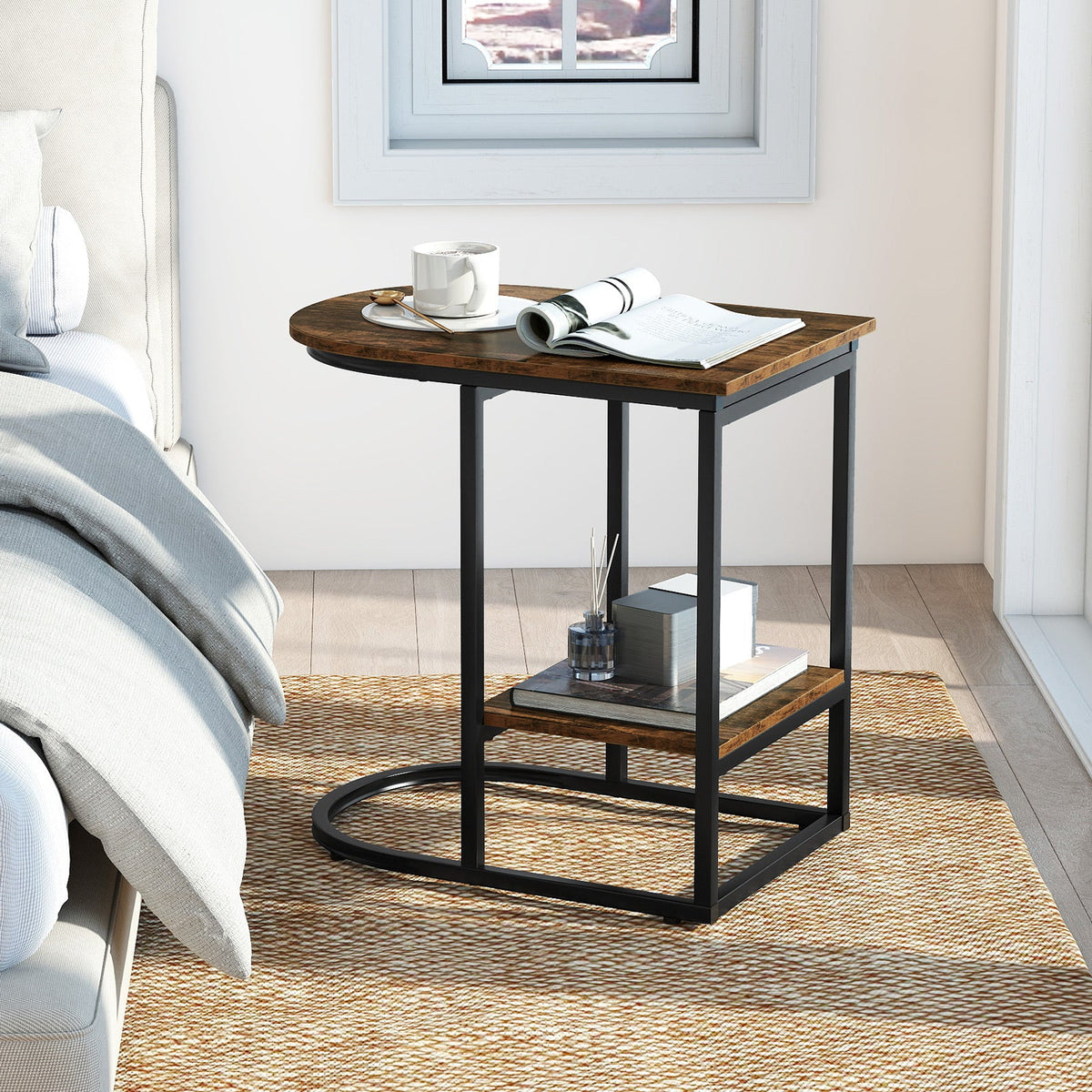 2-Tier C-shaped End Table Modern Sofa Side Table with Metal Frame-Black