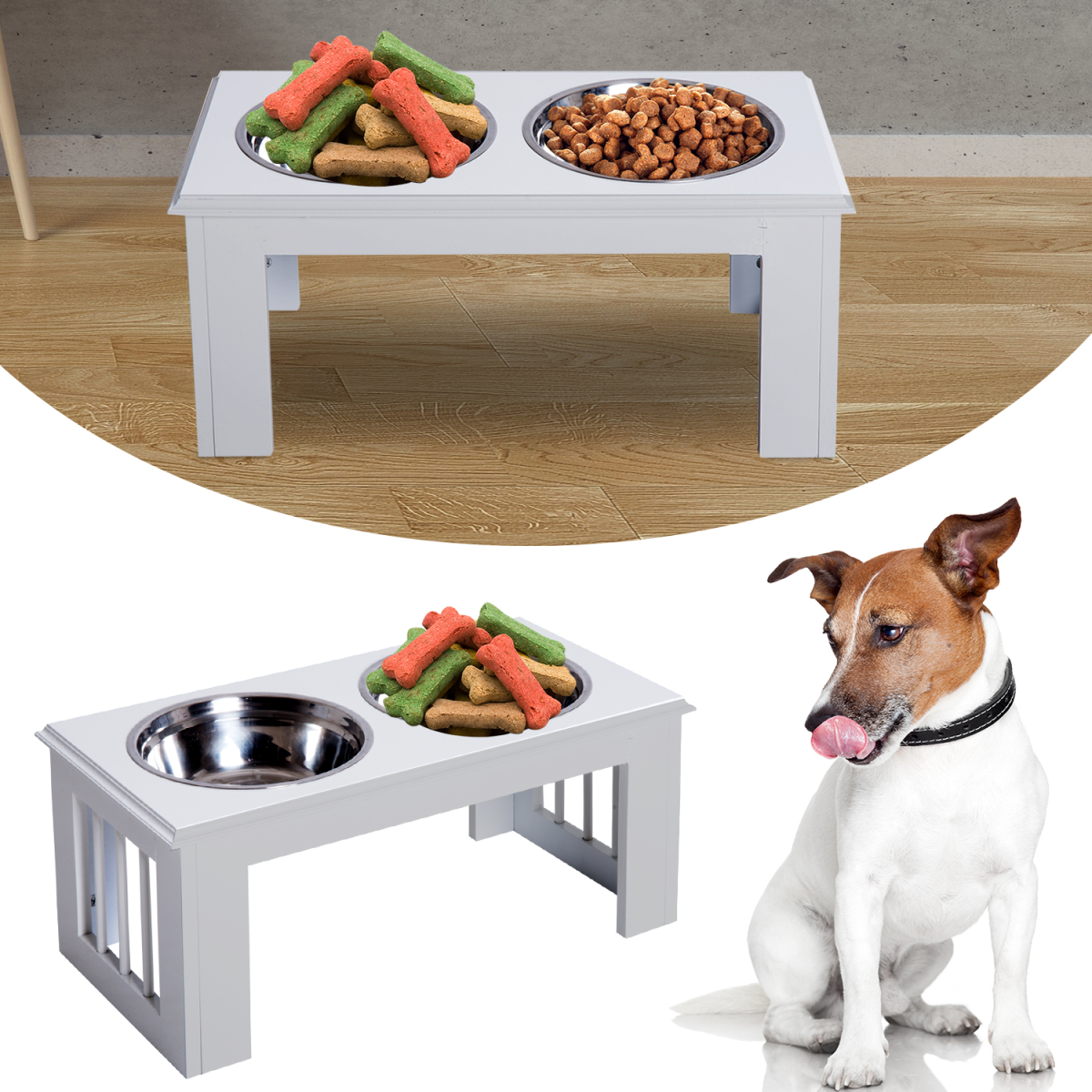 Raised Pet Feeder Elevated Double Staninless Steel Bowls Stand Water White