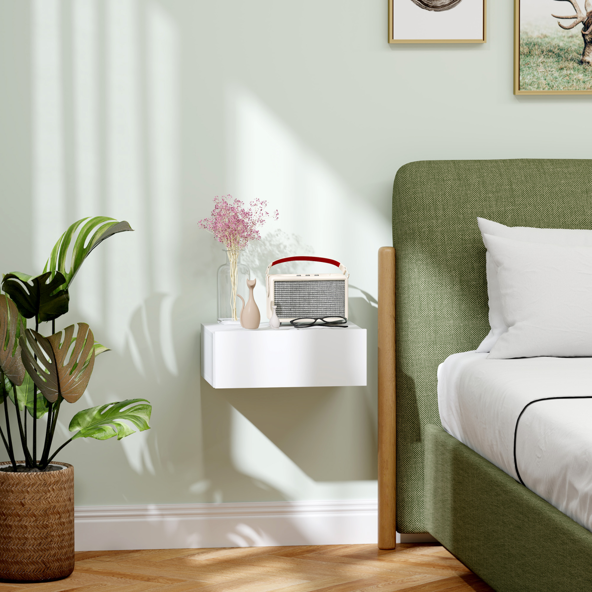 HOMCOM Floating Bedside Table, Wall-Mounted Side Table for Bedroom, White