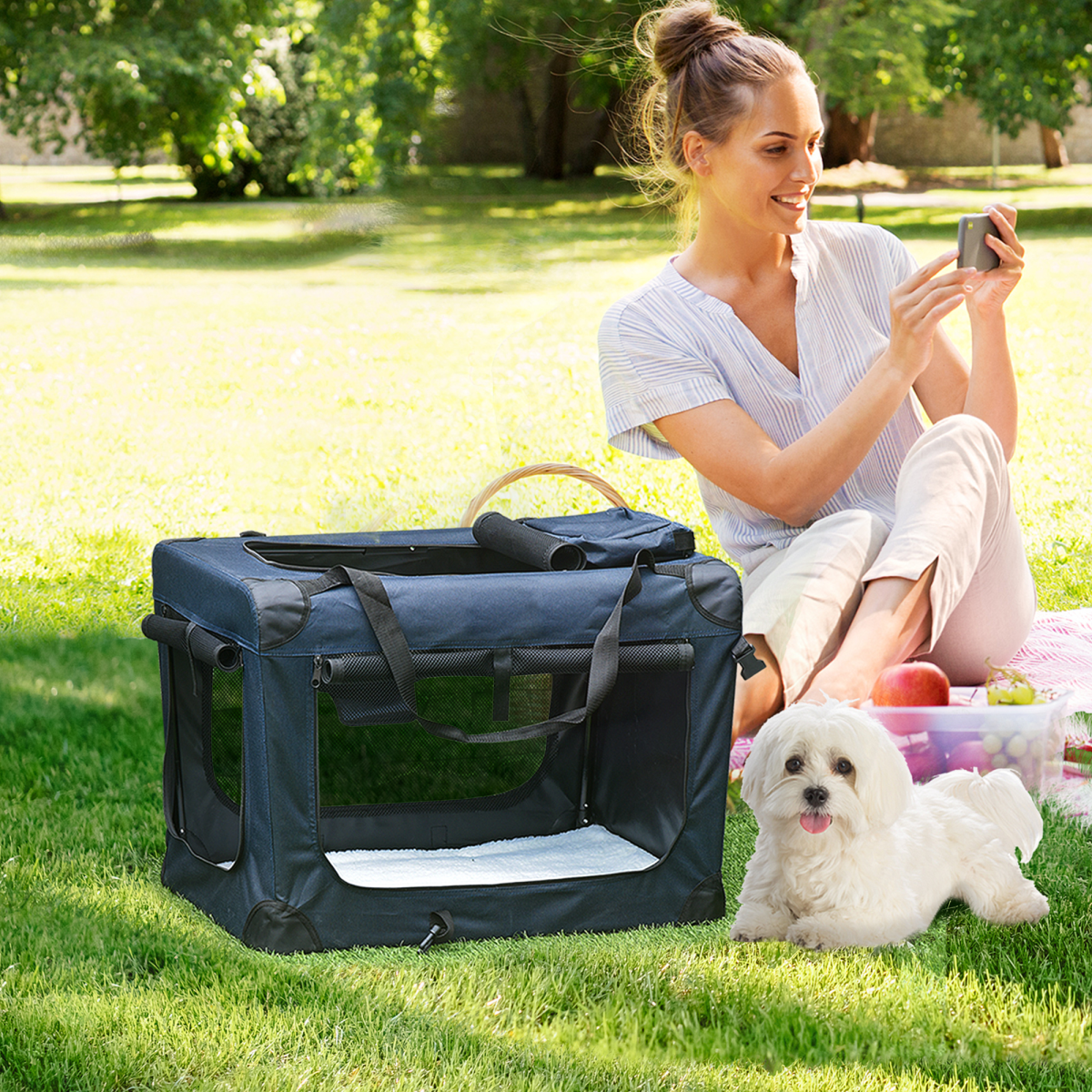 60cm Folding Pet Carrier Bag Soft Portable Cat Puppy Cage with Cushion Storage