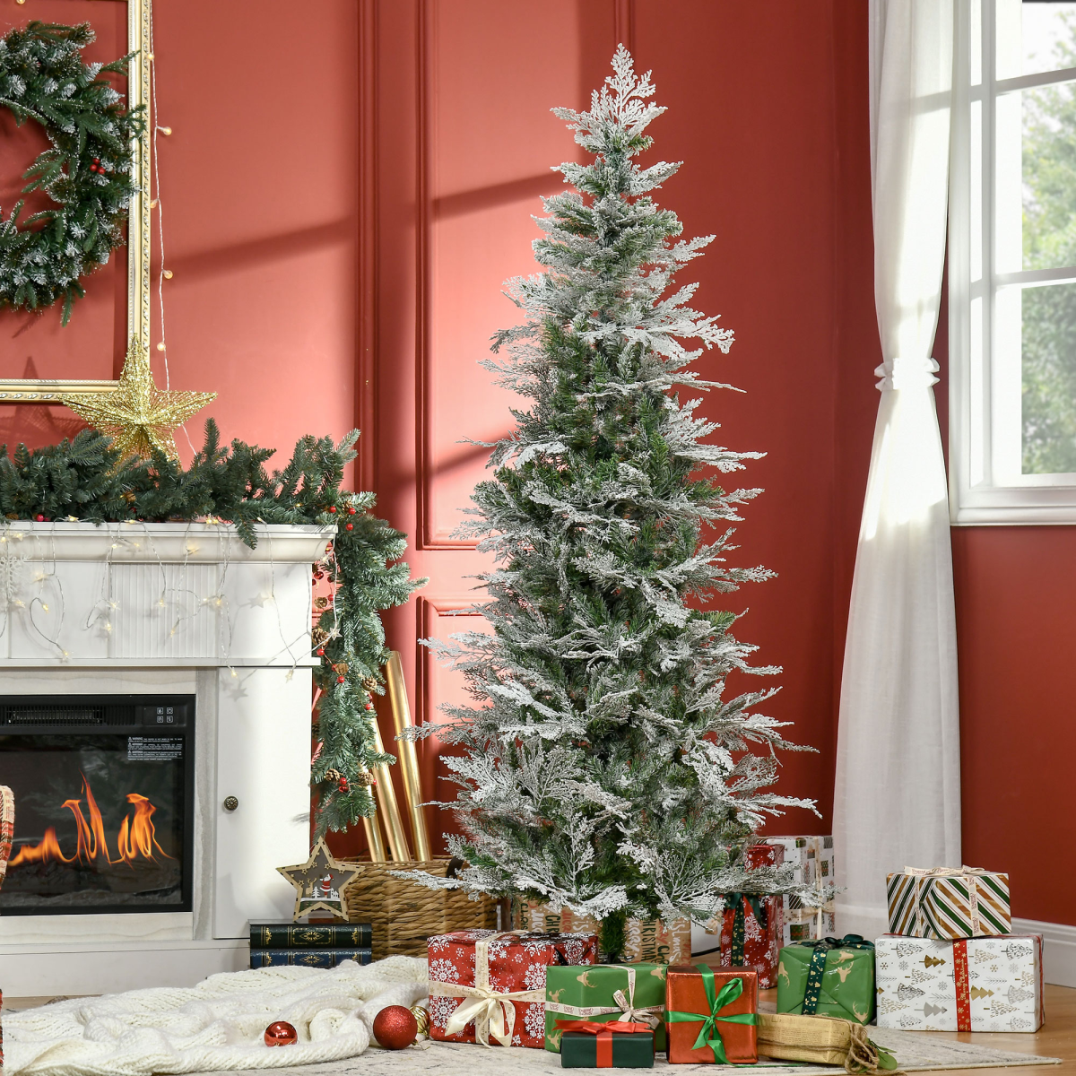 6 Foot Snow Flocked Artificial Christmas Tree Holiday with Pencil Shape HOMCOM