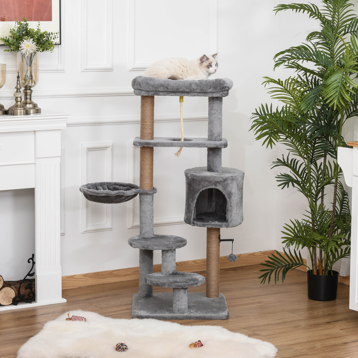 Cat Tree Tower w/ Scratching Post Hammock Hanging Ball Condo Teasing Rope