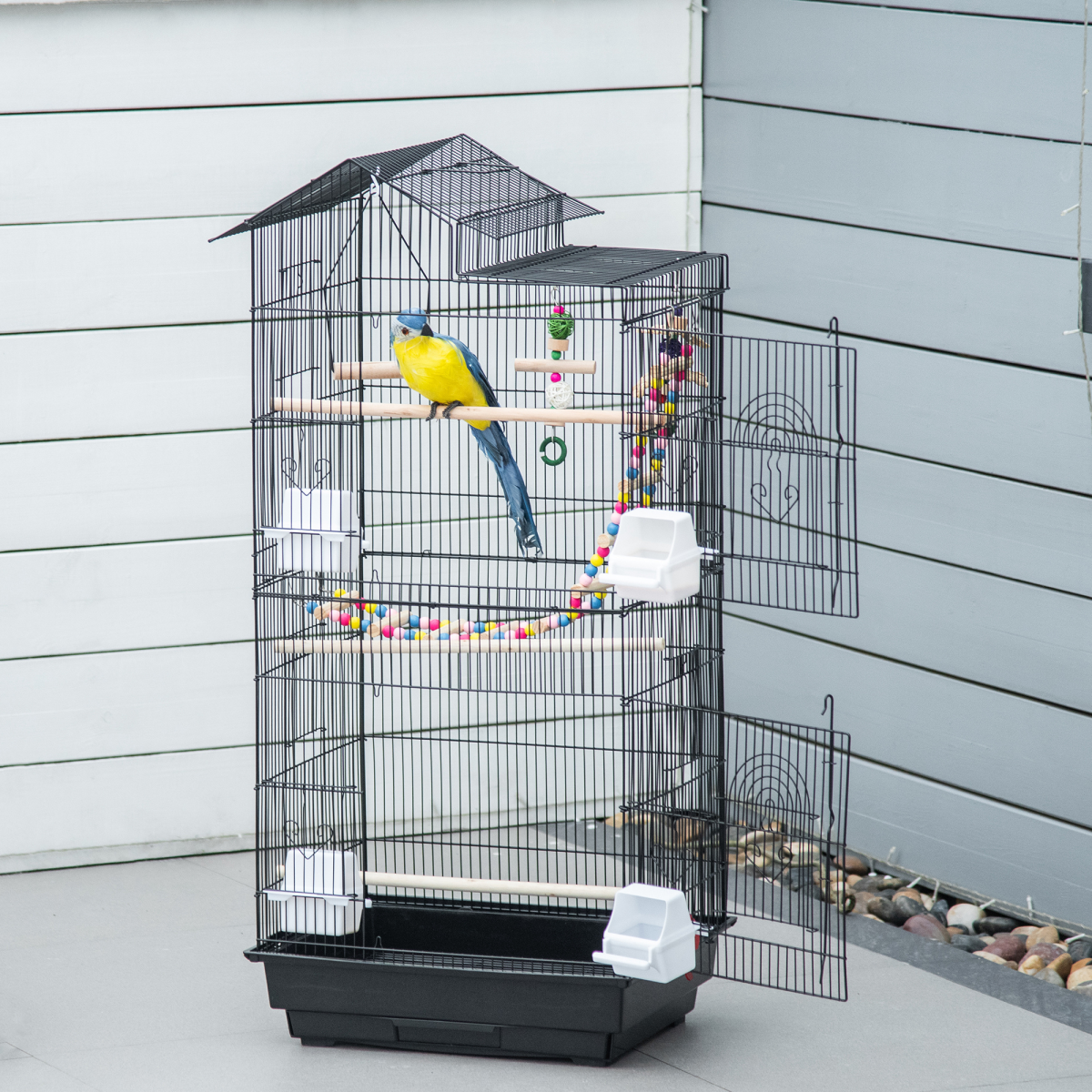 Metal Bird Cage for Budgies, Finches w/ Accessories, Toys, Tray, Handle - Black