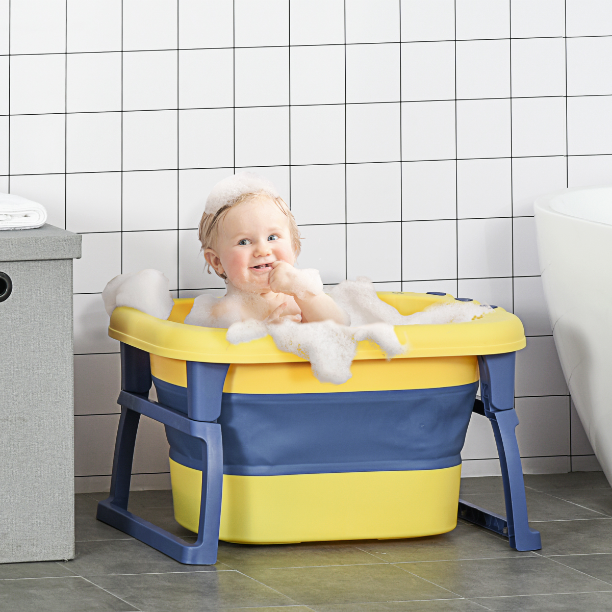 Foldable Baby Bathtub for Newborns Infants Toddlers w/ Stool - Yellow