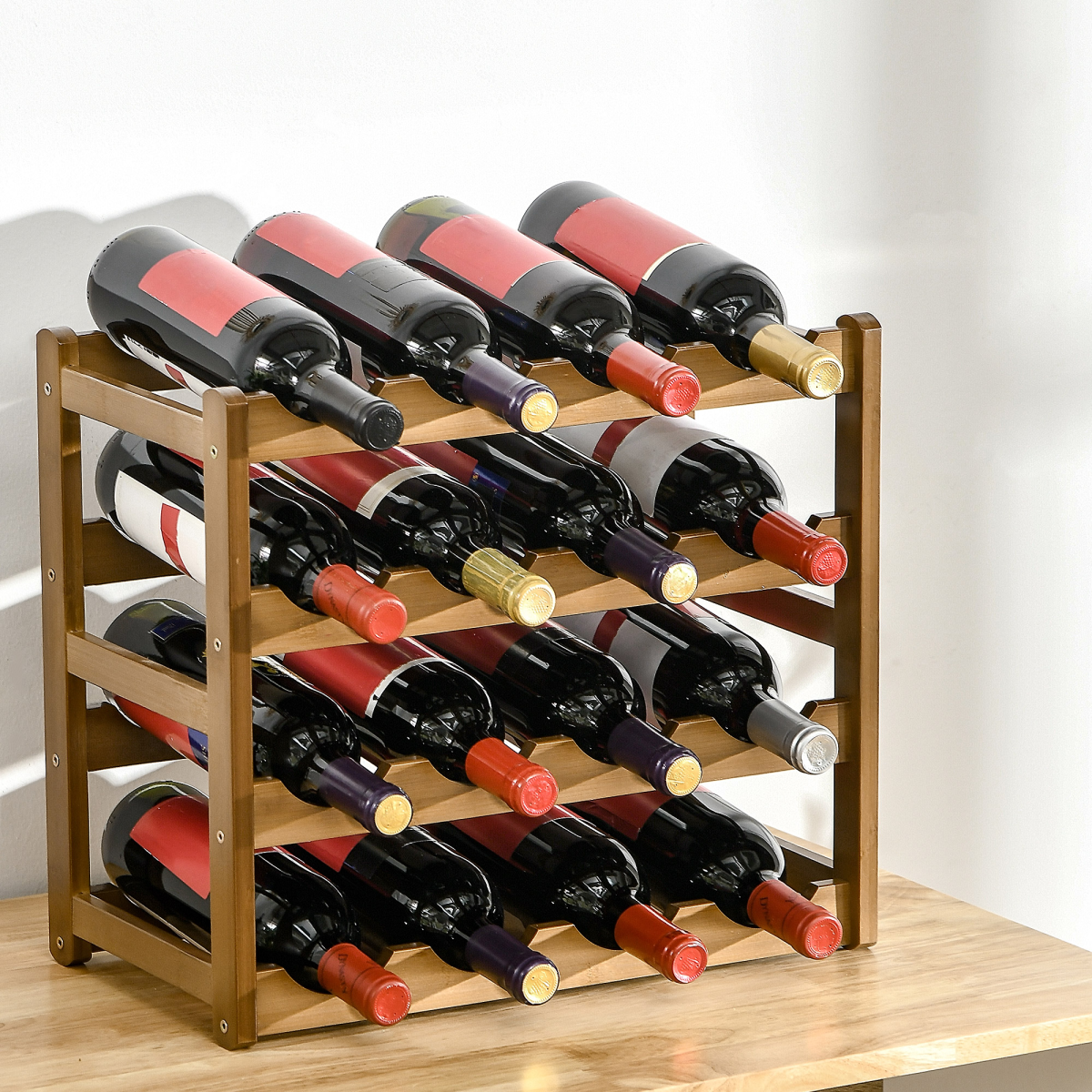 Bamboo Wine Rack 16 Bottles, 4-tier Display Storage Shelves for Countertop