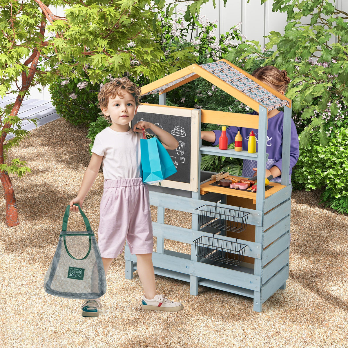 2 in 1 Wooden Mud Kitchen and Grocery Store with Removable Sink-Grey