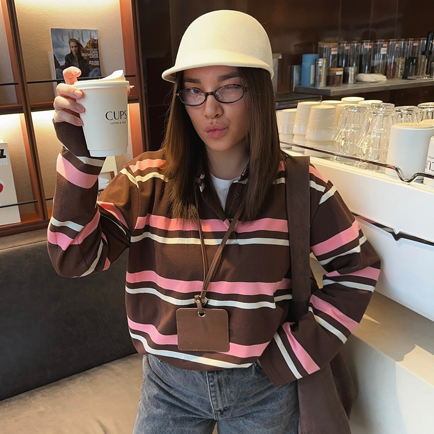Arrival Brown Striped Loose-Fit Long-Sleeve Top