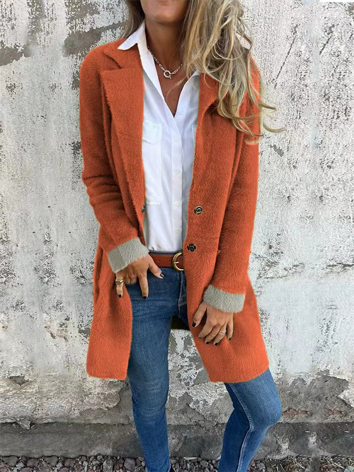 Polo Collar Pocket Cardigan Single-breasted Mid-length Plush Coat