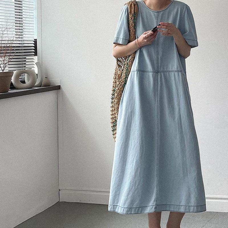 Summer Retro Temperament Crew Neck Bright Line Denim Dress Women