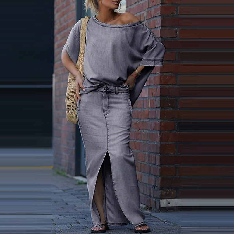Two-piece Skirt Suits Fashion Loose Bat-sleeved Short Sleeve Top And Slim Fit Slit Maxi Skirt Patchwork Chic Outfit Women's Clothing