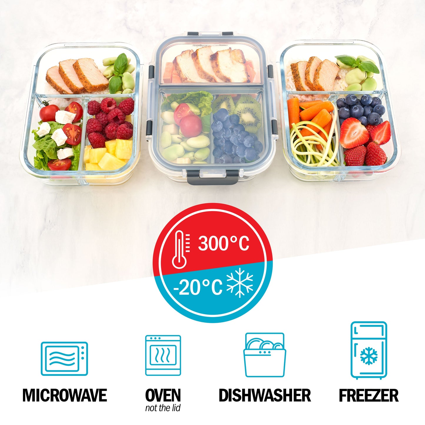 Igluu 3-Compartment Glass Meal Prep Containers with Airtight Lids — 980ml | Pack of 3