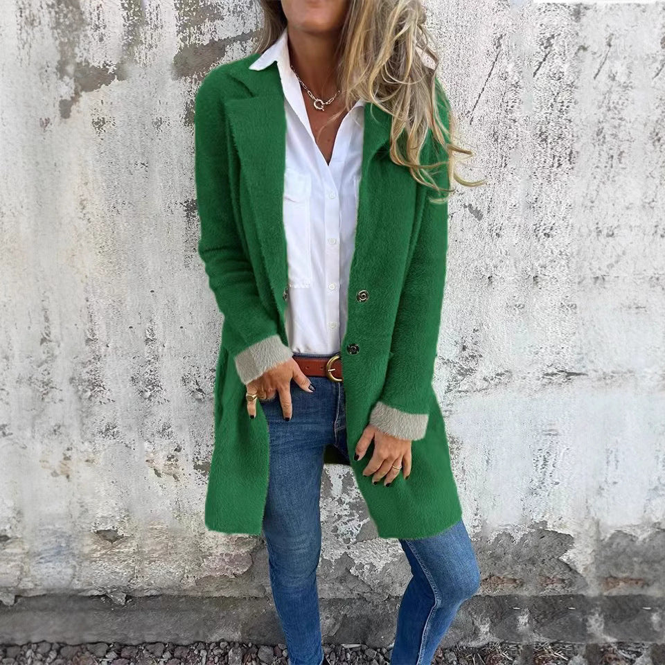 Polo Collar Pocket Cardigan Single-breasted Mid-length Plush Coat