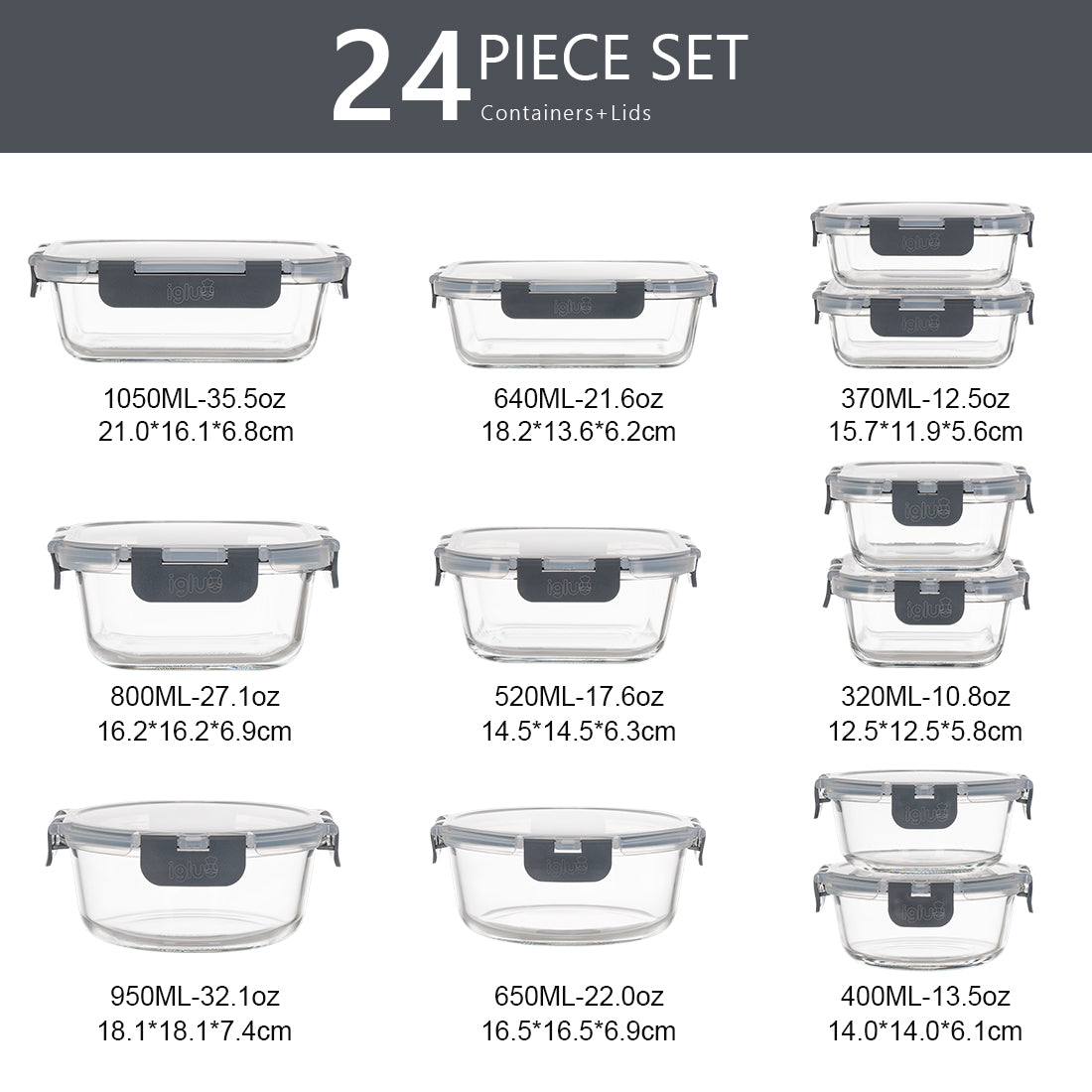 Borosilicate Glass Food Storage Containers with Airtight Lids | 12-Pack Assorted Sizes