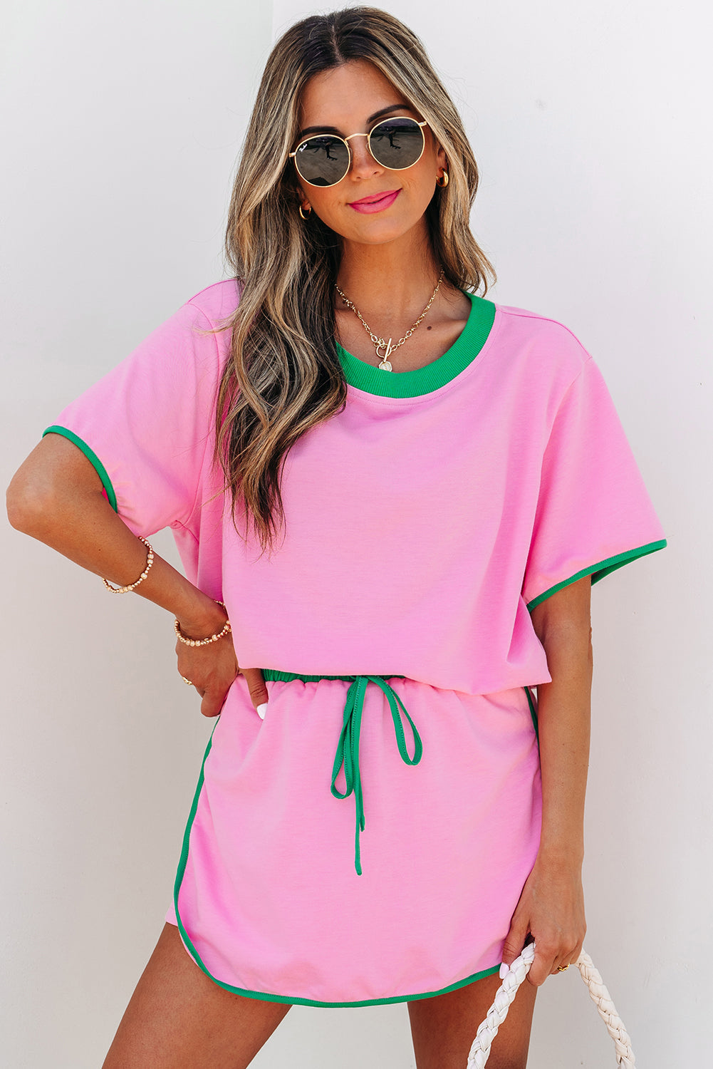Bonbon Colorblock Edge Drop Shoulder T Shirt and Skort 2Pcs Set