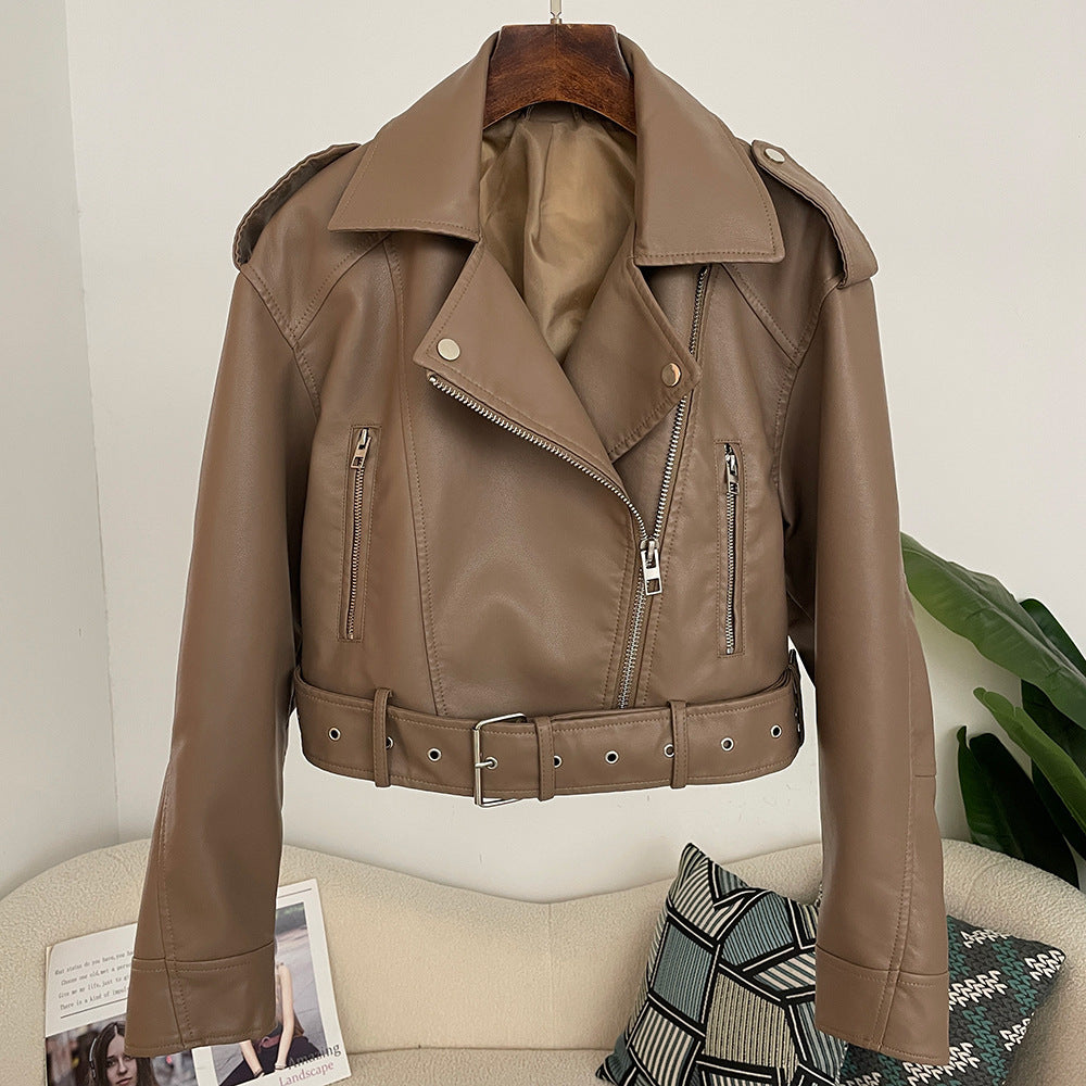 Women's Spring And Autumn Lapel Short Fashionable Casual Figure Flattering Leather Coat