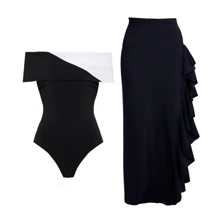 V-neck Black And White Stitching Simple One-piece Swimsuit Suit Women
