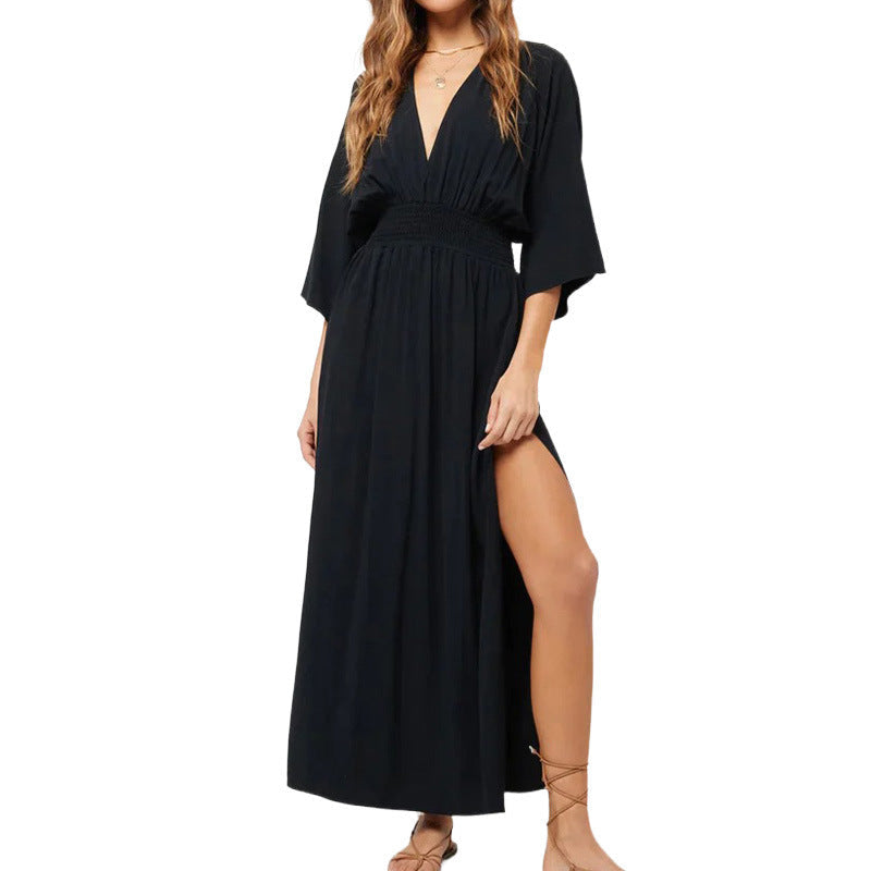 V-neck Low-cut Backless 34 Sleeve Dress