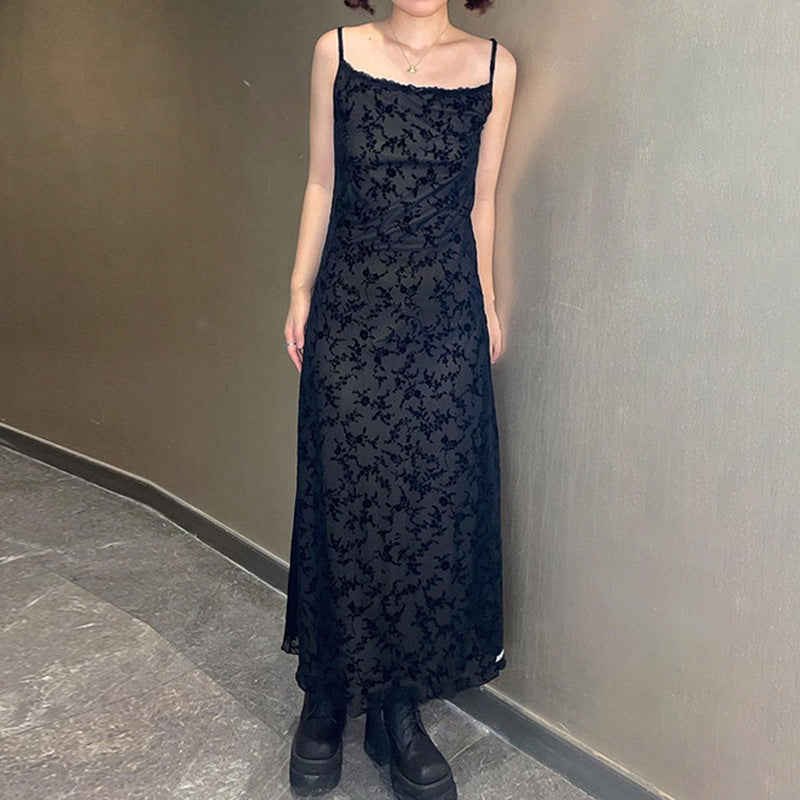 Dark Black Retro Floral Mesh Patchwork Dress