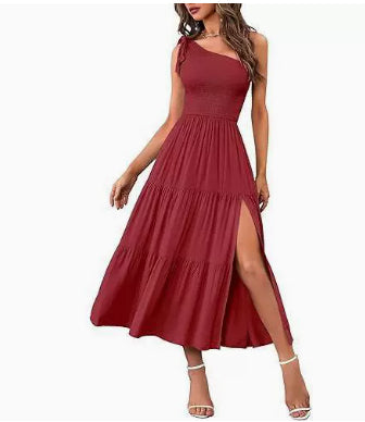 New Summer Fashion Women's One-shoulder Pleated Layered Hem Split Dress