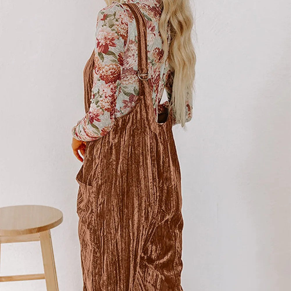 Chicory Coffee Velvet Adjustable Straps Patched Pocket Sleeveless Jumpsuit