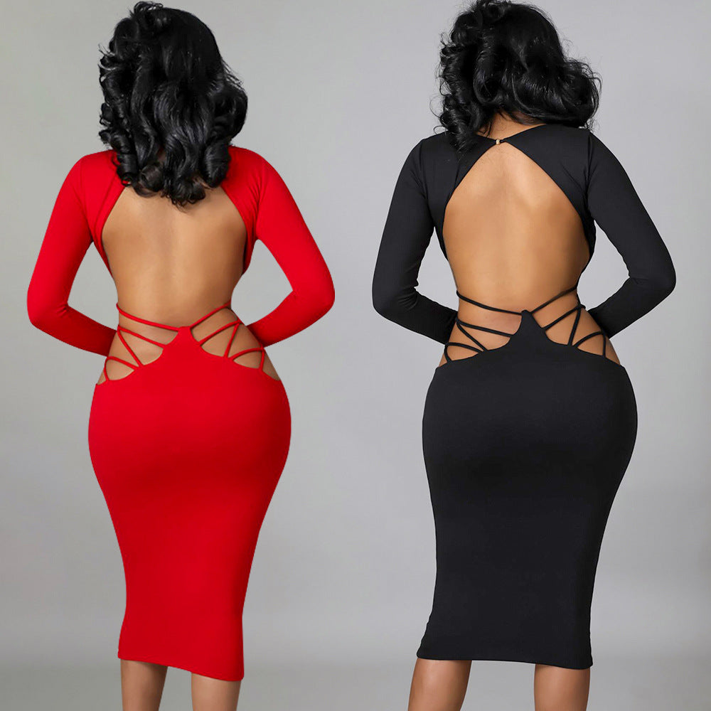 Women's Fashion Skinny Backless Hollow V-Neck Dress