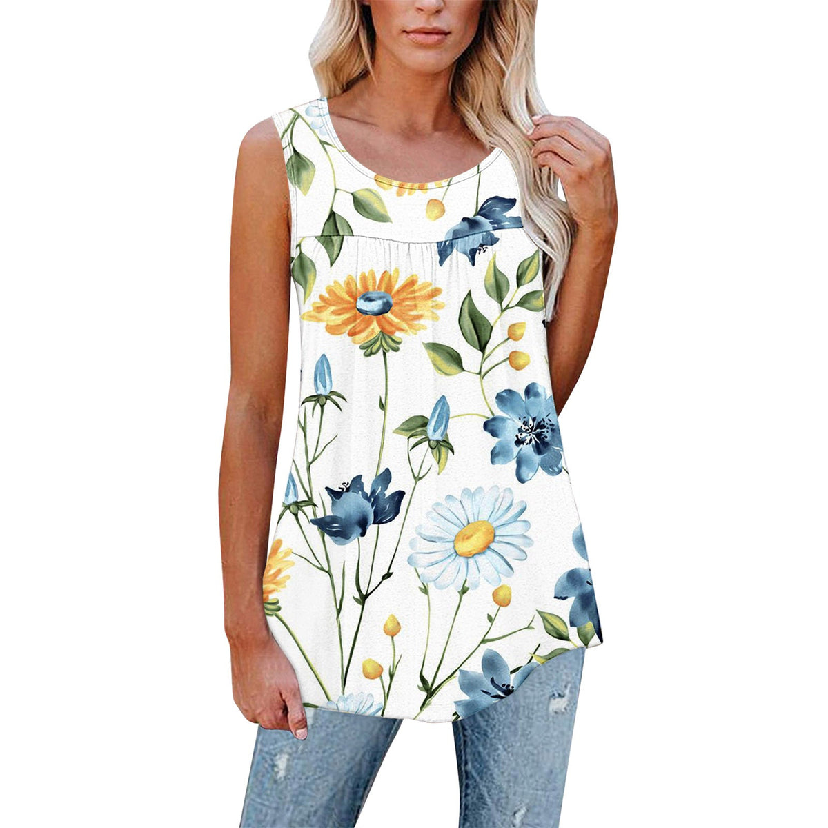 Flower Print Sleeveless Pleated Casual Loose Vest T-shirt Women's Clothing