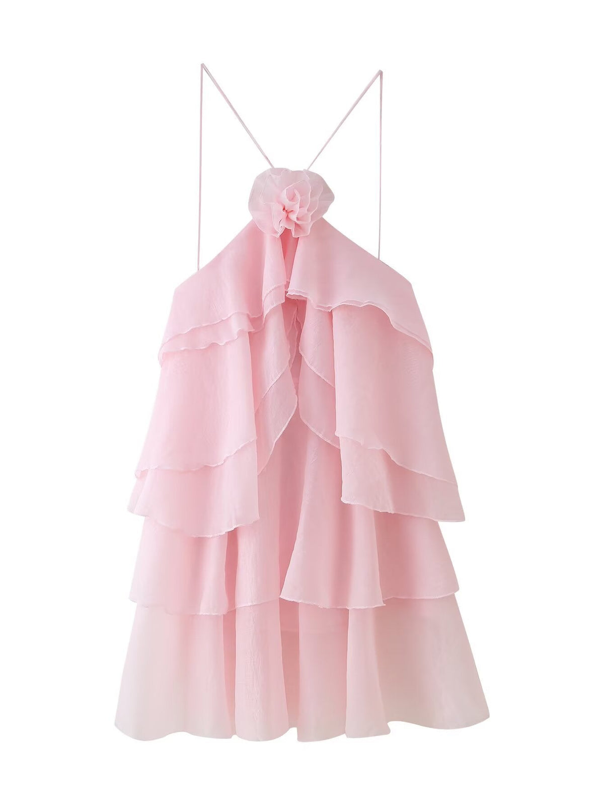 Fashion Three-dimensional Flower Decoration Laminated Ruffled Halter Dress