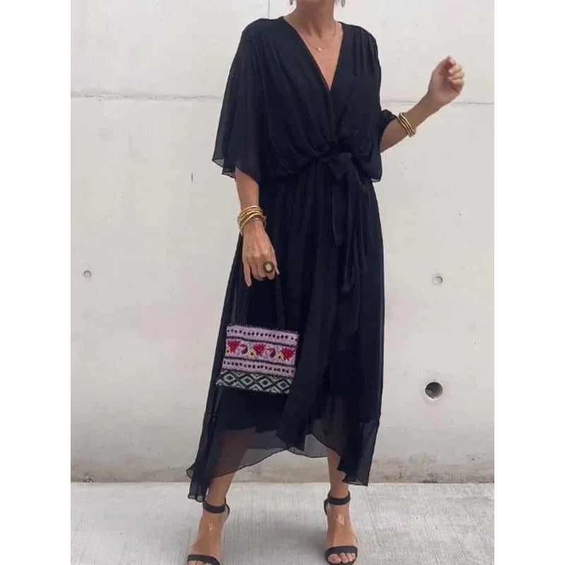 Pure Color Tied Long Dress Batwing Sleeve Irregular Dress Plus Size