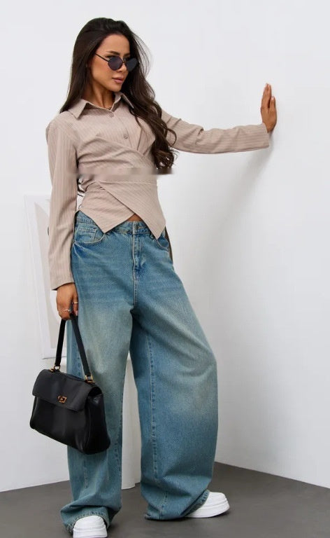 Women's Designer-style Shirt With A Turn-down Collar Slanted Front Placket And A Fitted Waist