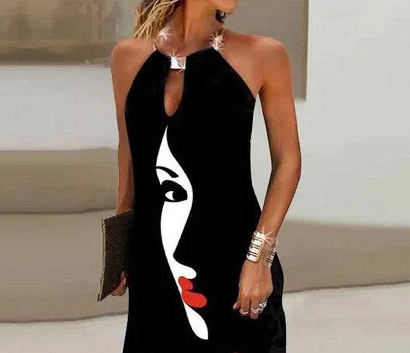 Summer Black Neck Print Dress