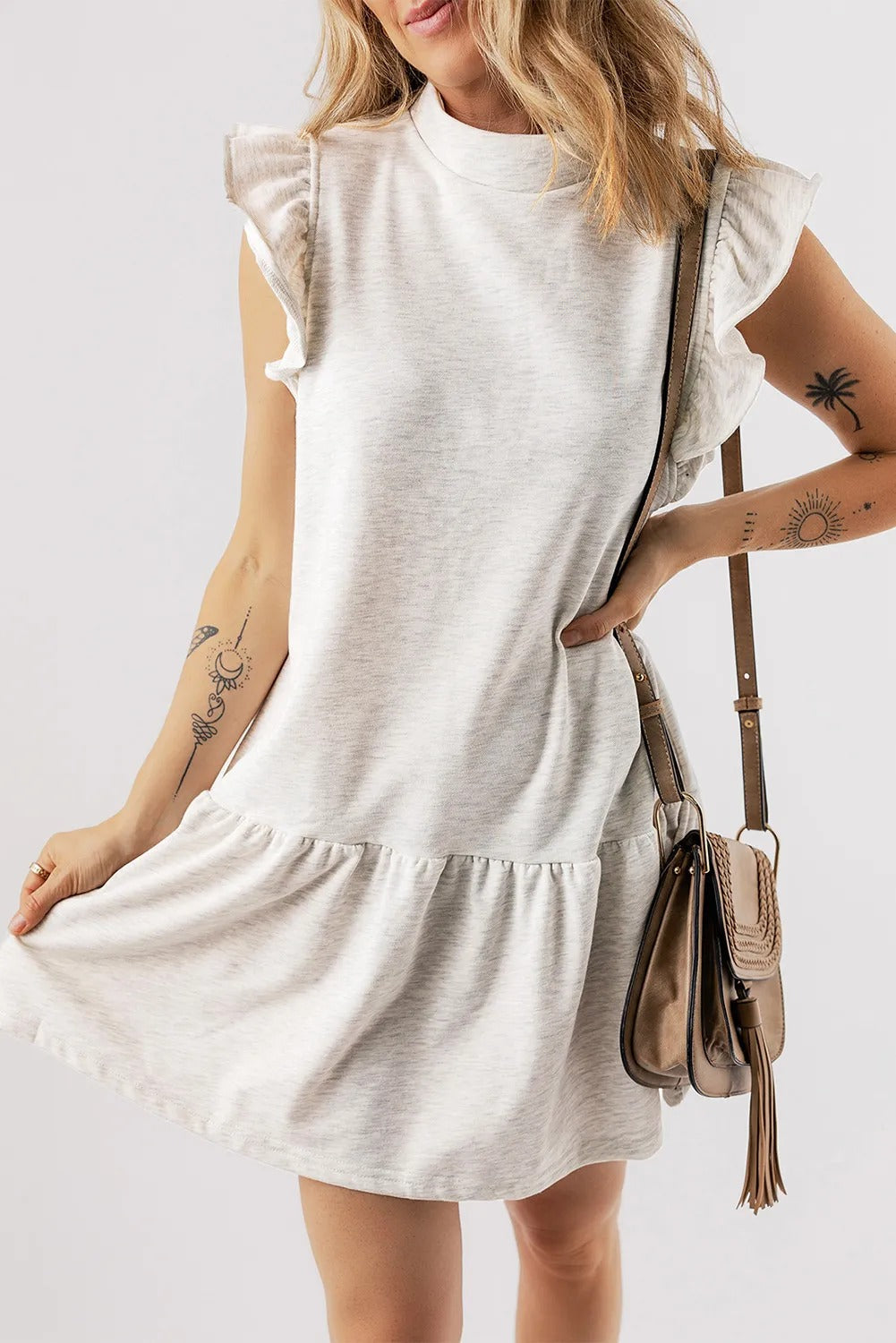 White Flutter Sleeve Crew Neck  Dress
