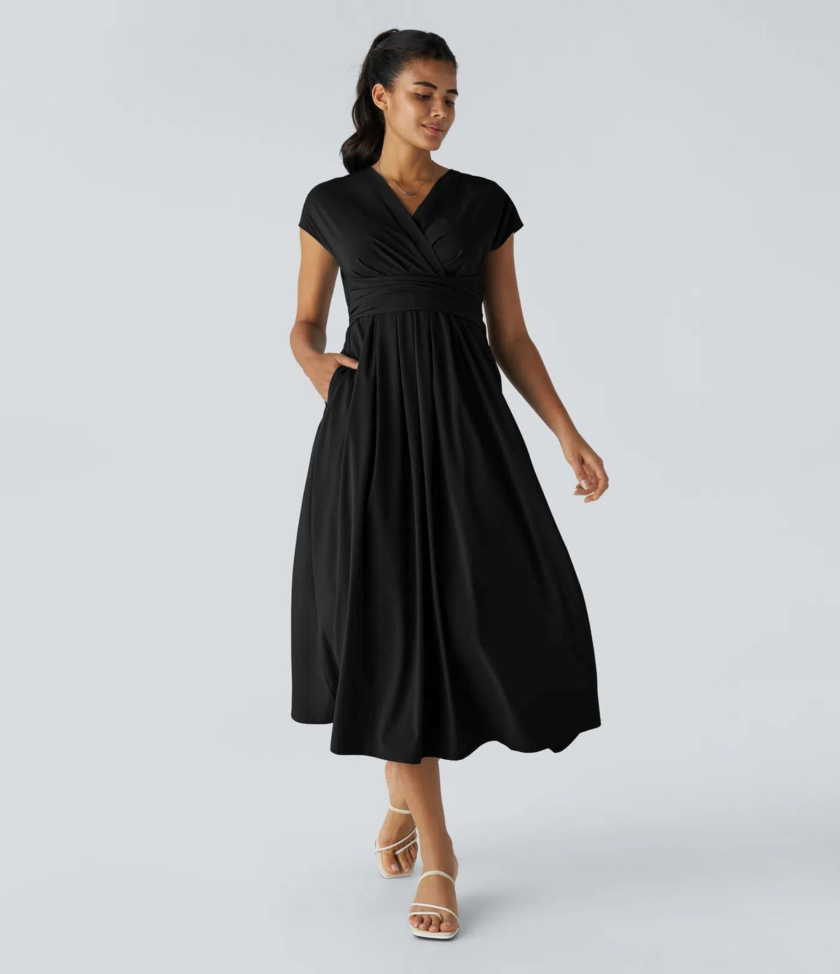 Solid Color Overlapping V-neck Short Sleeve Side Pocket Lace-up Quick-drying Mid-length Casual Dress
