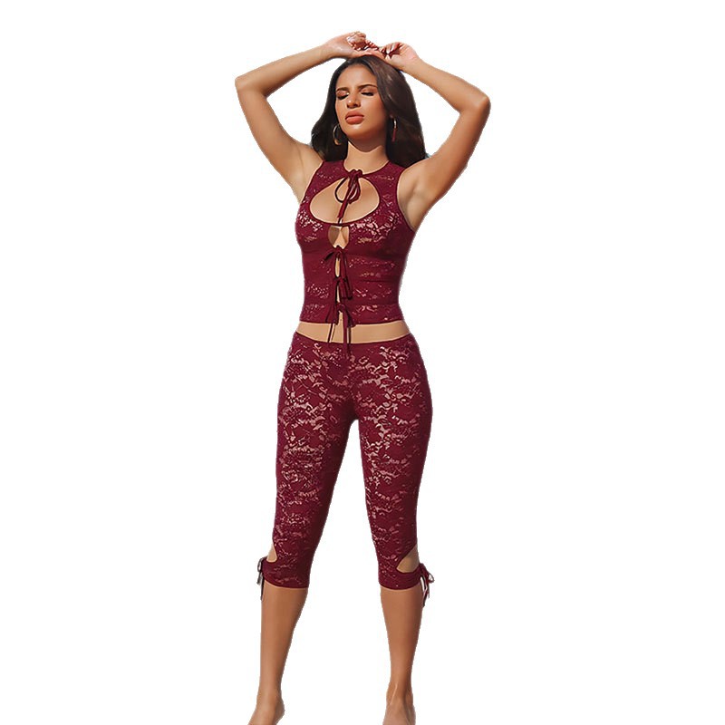 Lace-spliced Lace-up Backless Top And Shorts Set For Women