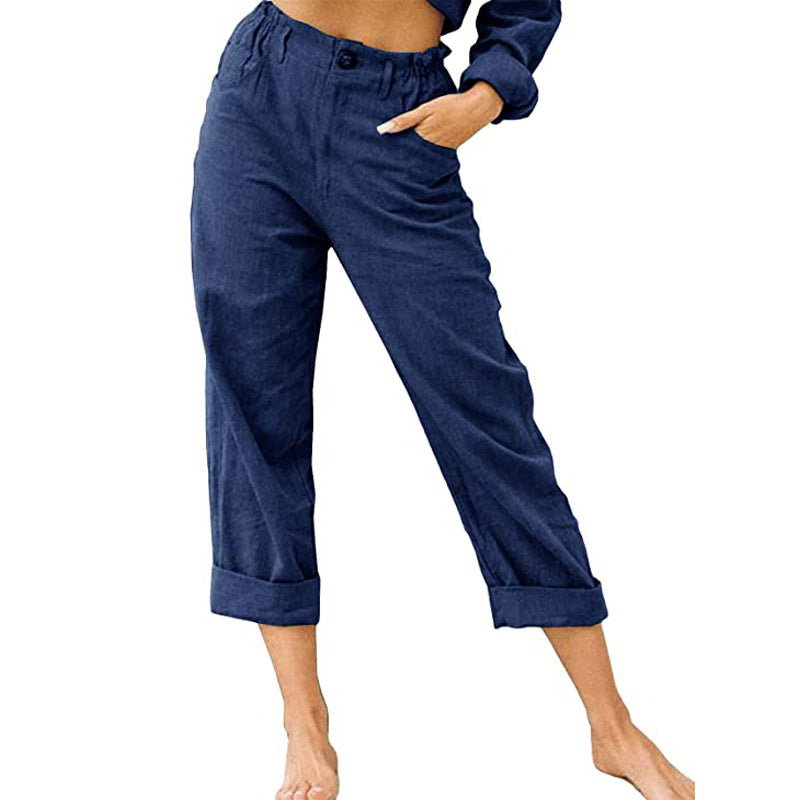Women's Cotton Linen Patchwork Trousers | High Waist Drawstring | Loose Casual Pants | 11 Colours | S–3XL