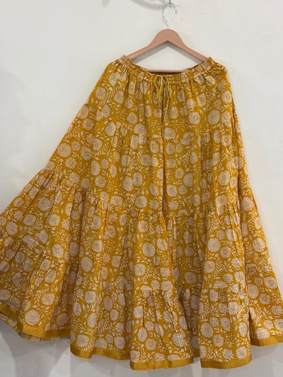 Blackfever Mustard Yellow Floral Tiered Cotton Maxi Skirt – Free Size