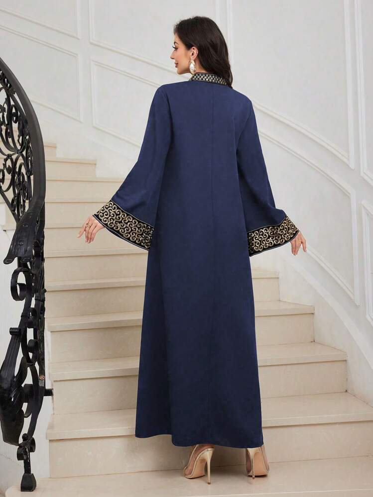 Embroidered Trim Patchwork V-neck Waist Flared Dress