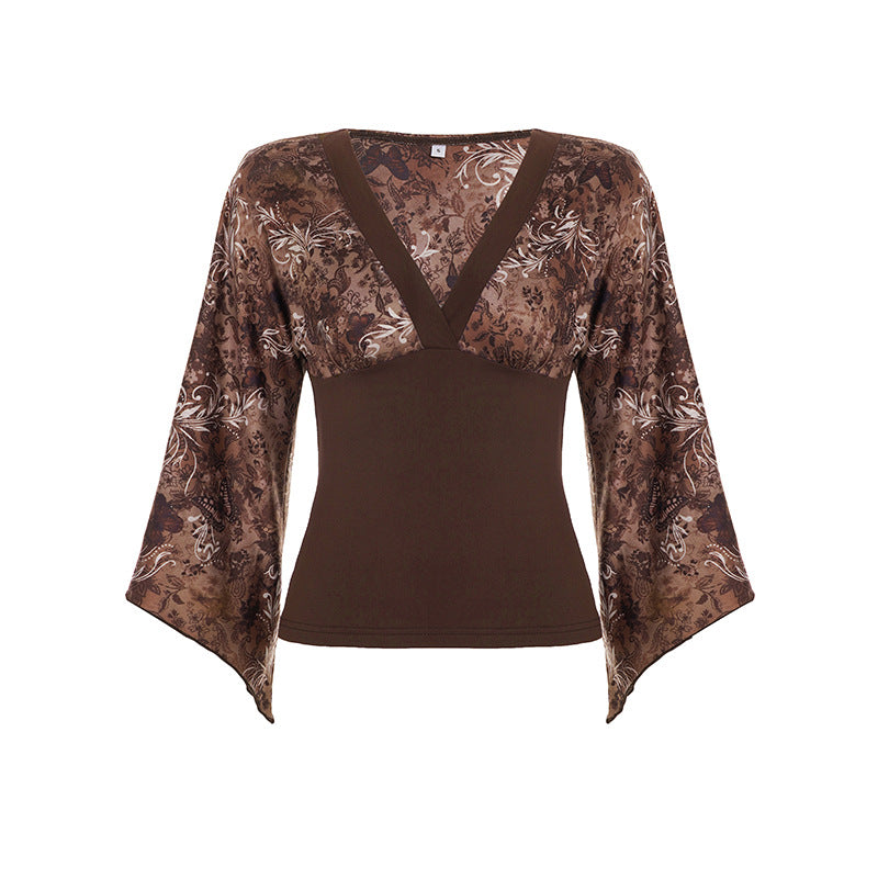 American-style Retro Floral-print V-neck Cinched-top