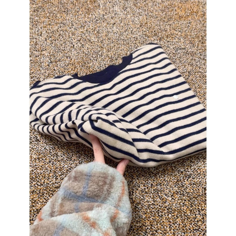 Women's American-style Blue Striped Round Neck Loose T-shirt