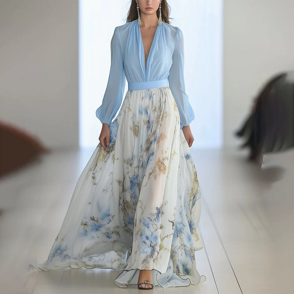 Printed Long Sleeved V-neck Patchwork Dress