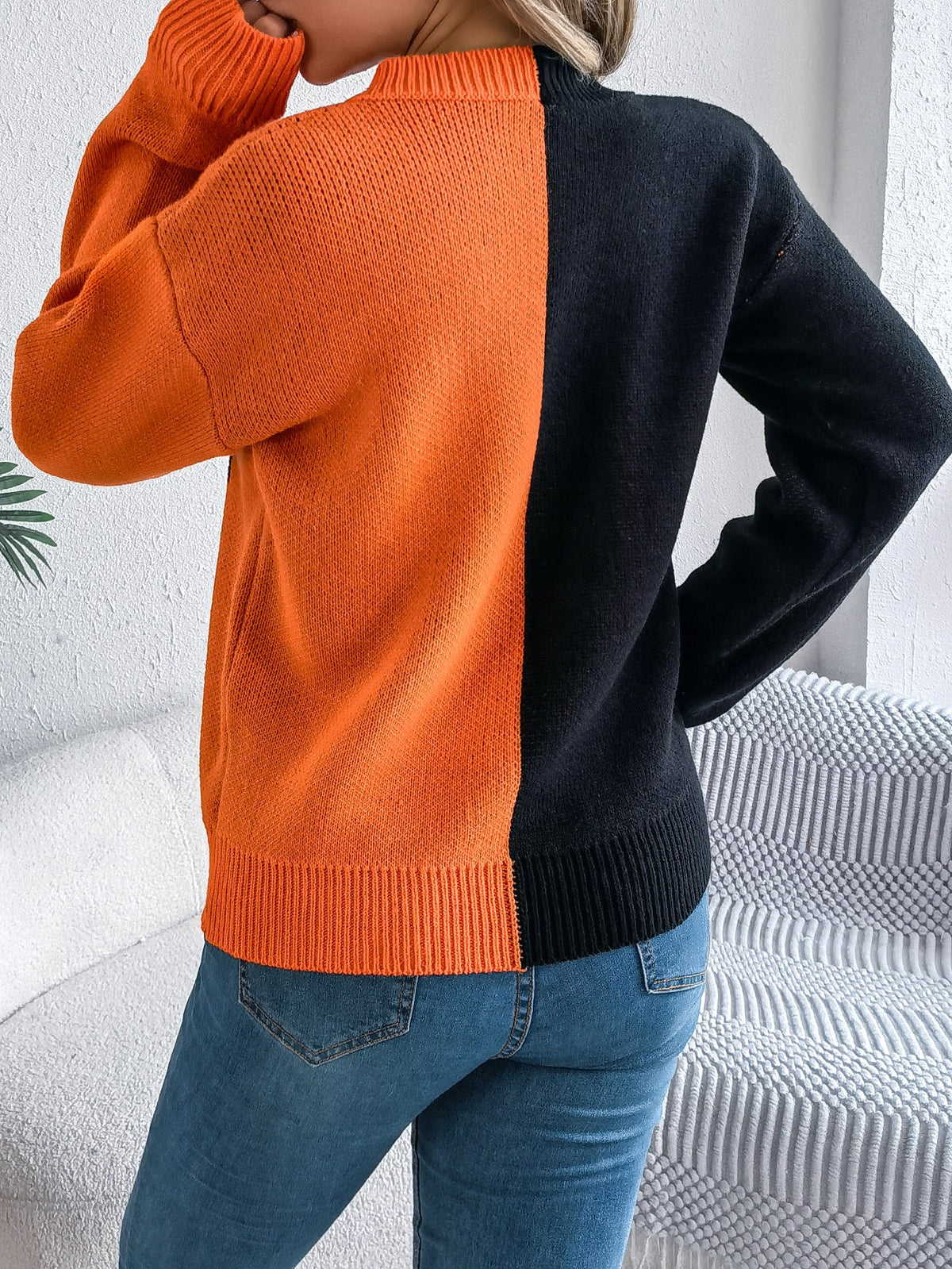 Women Ghost Pumpkin Color Block Long Sleeve Pullover Sweater
