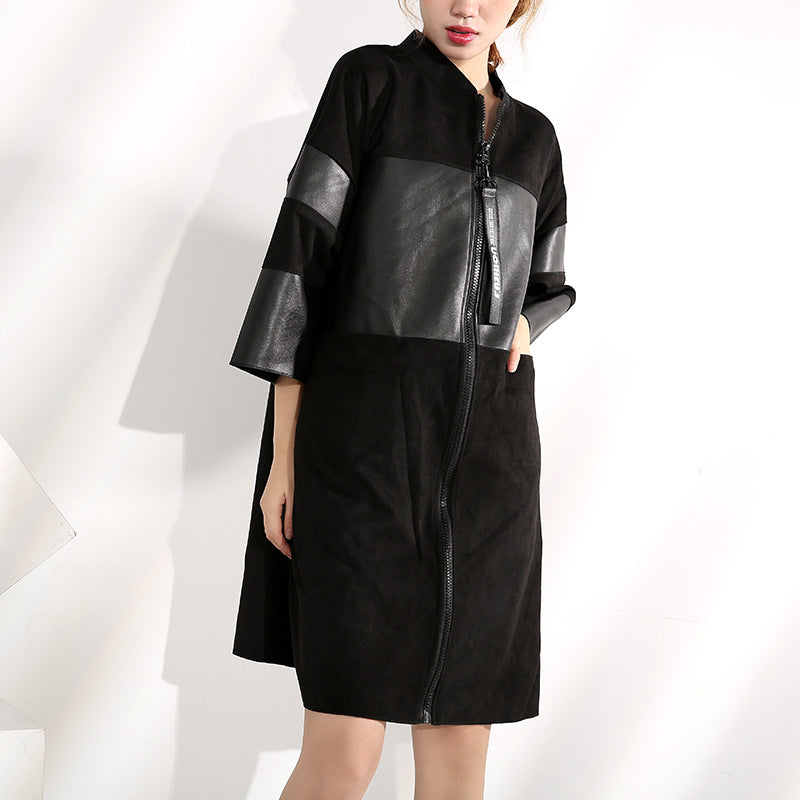 Dark PU Leather Trench Coat For Women Plump Girls Large Size Three Quarter Sleeve Mid-length Leather Coat