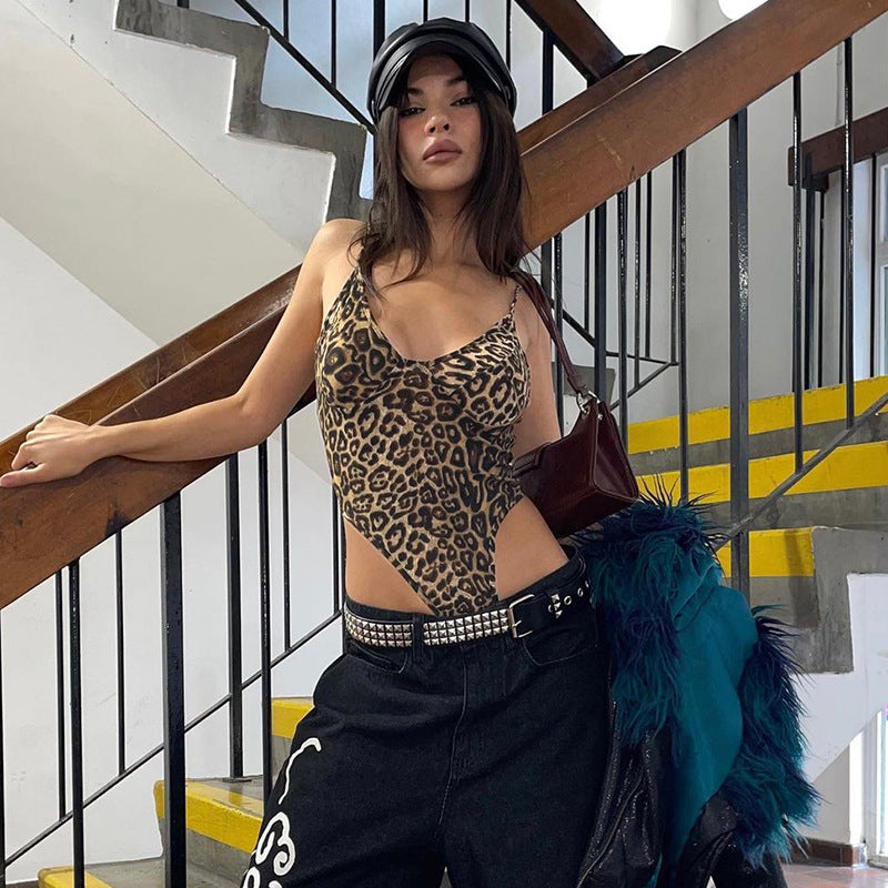 Women's Summer Leopard Print V-neck Sling Backless Bodysuit