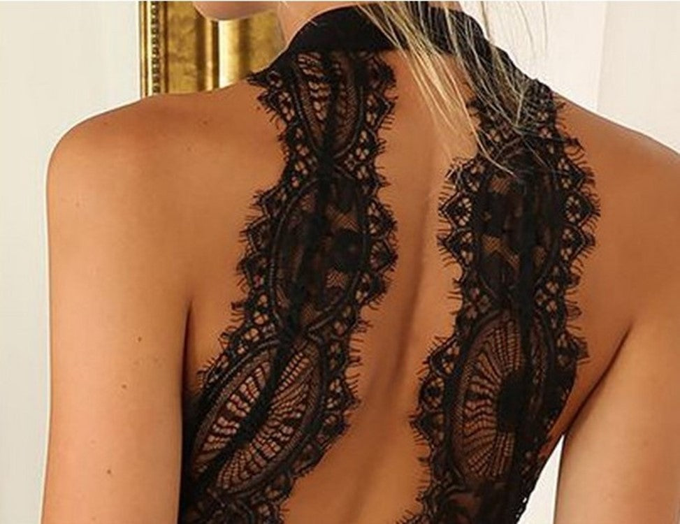 Women's Round Neck Sleeveless Hollow Lace Backless Dress