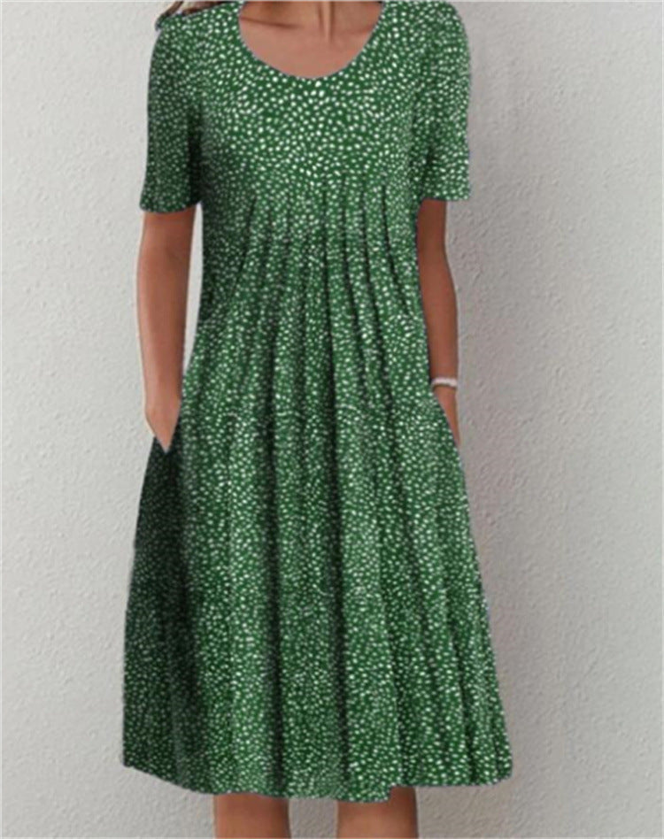 Spring And Summer Polka Dot Printed Round Neck Dress For Women