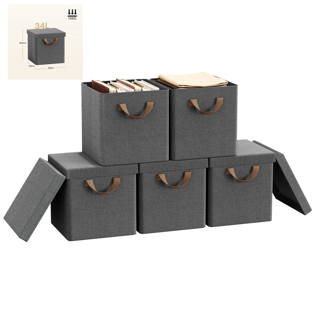 3/5 Set Foldable Fabric Storage Boxes Lids Closet Clothing Organiser Cream Grey