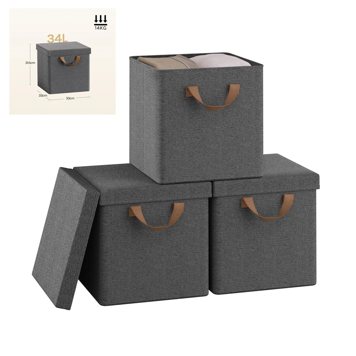 3/5 Set Foldable Fabric Storage Boxes Lids Closet Clothing Organiser Cream Grey