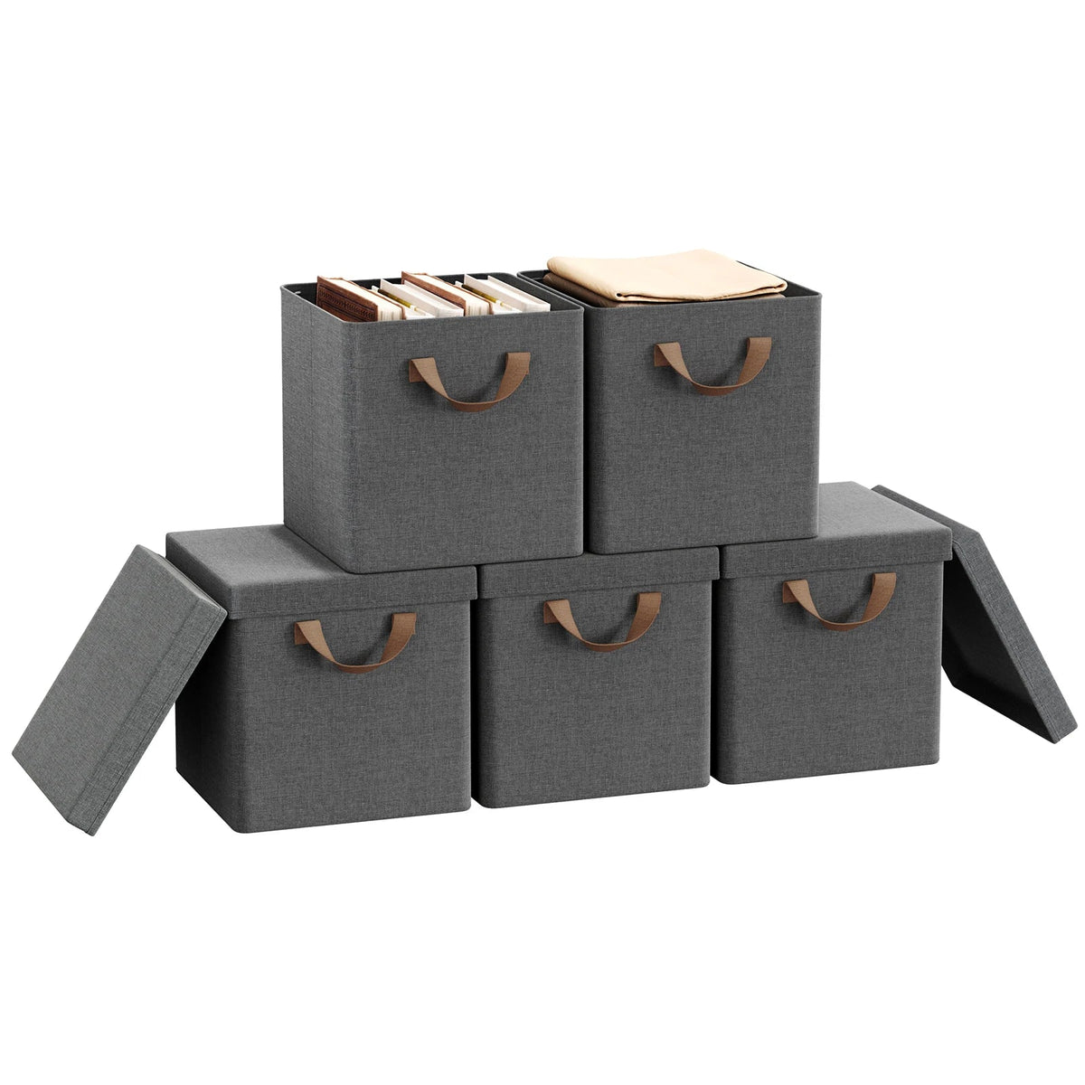 3/5 Set Foldable Fabric Storage Boxes Lids Closet Clothing Organiser Cream Grey