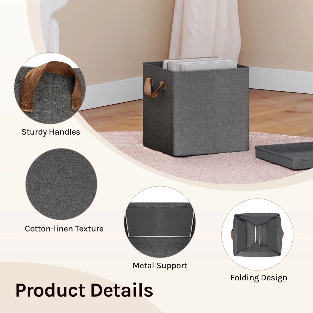 3/5 Set Foldable Fabric Storage Boxes Lids Closet Clothing Organiser Cream Grey