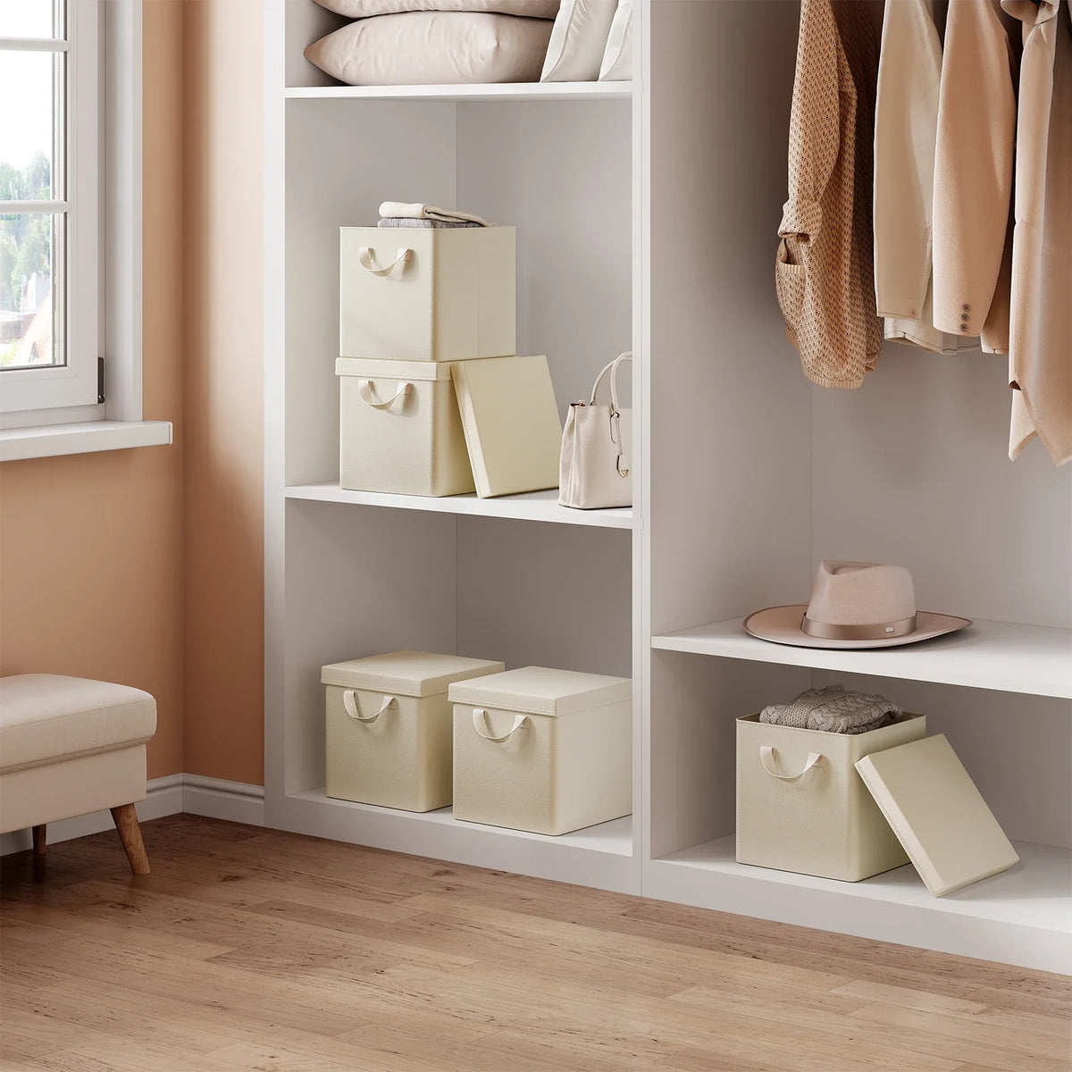 3/5 Set Foldable Fabric Storage Boxes Lids Closet Clothing Organiser Cream Grey