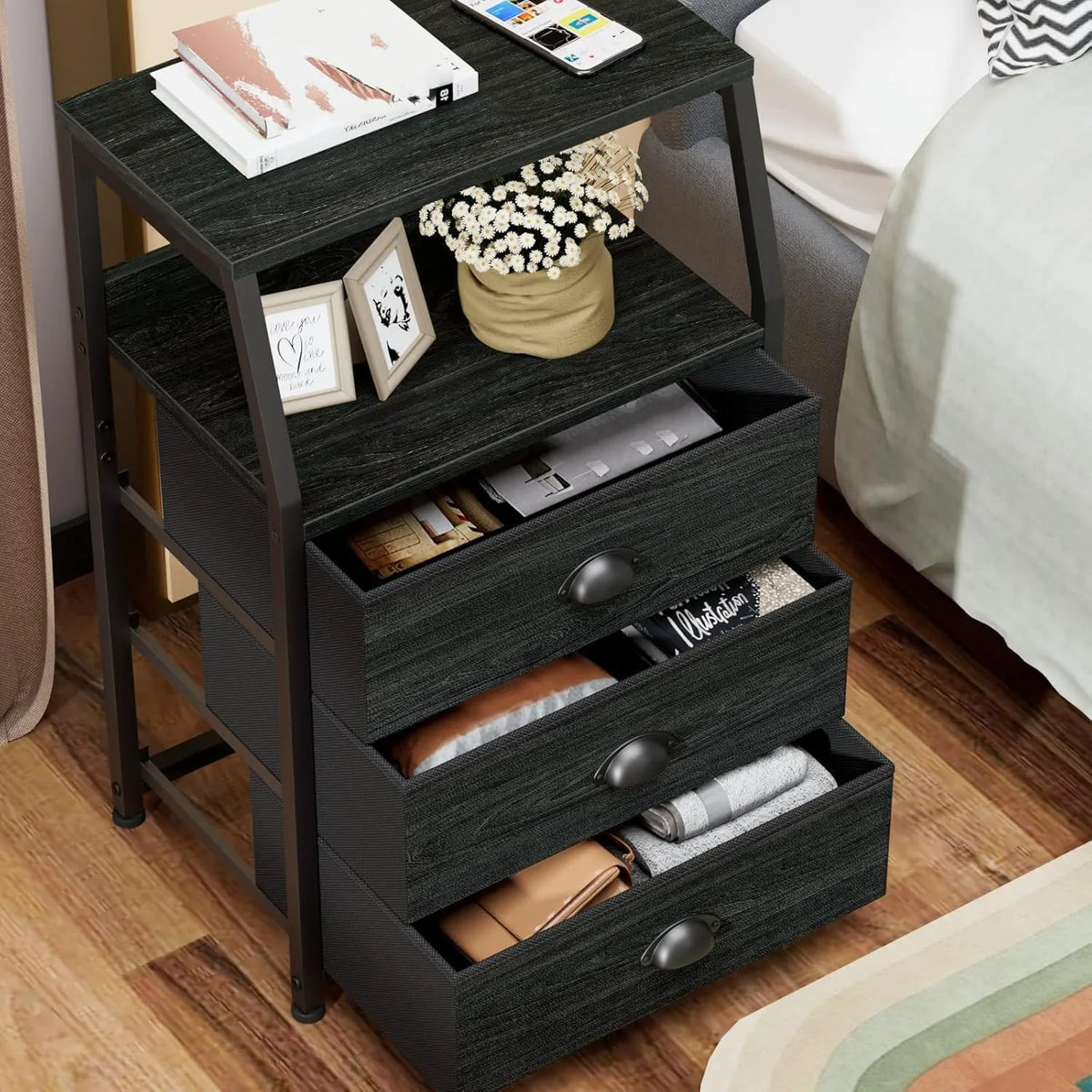 3 Drawer Bedside Table - Modern Storage Unit Slim Dresser with Shelf Nightstand